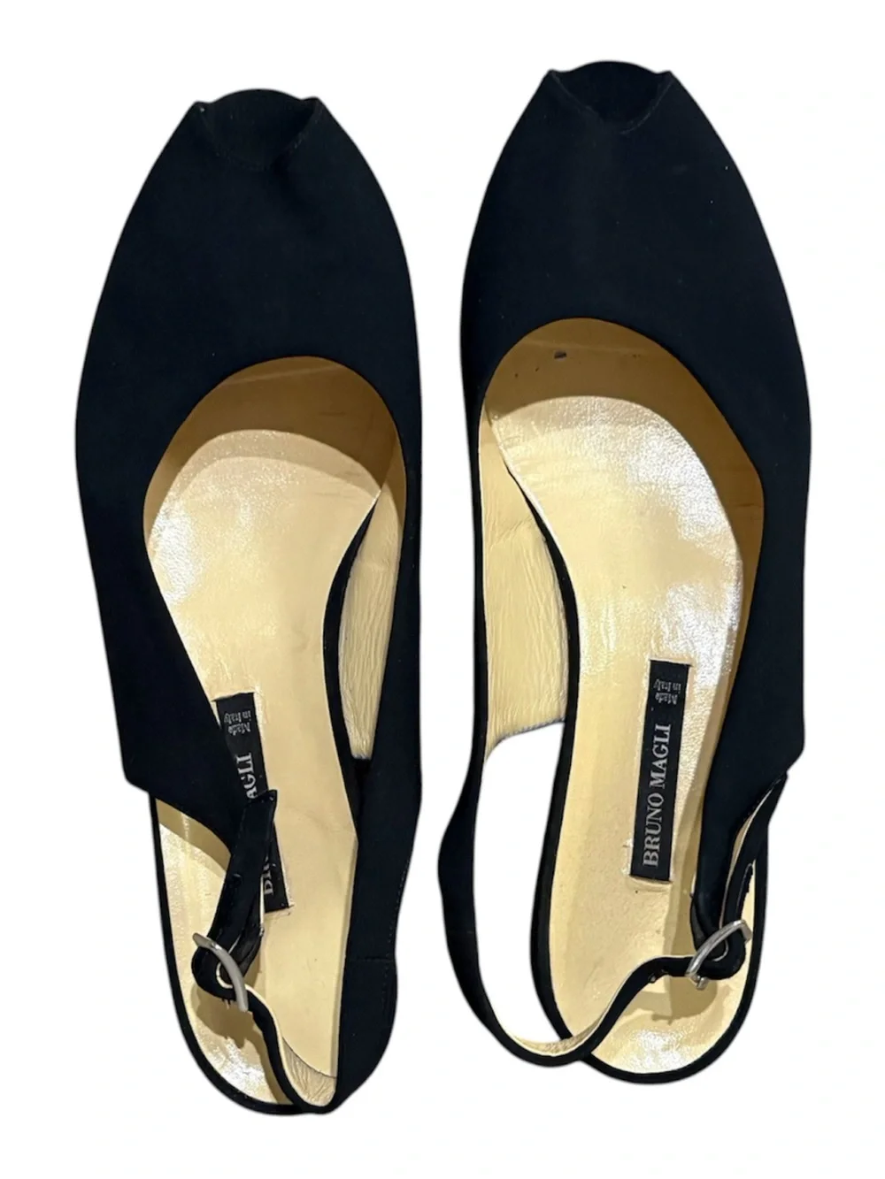 Bruno Magli Black Nylon Ballet Flats Peep Toe Adjustable Strap Slingback Sz 7